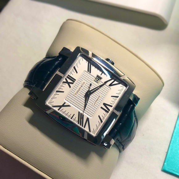 Tiffany & Co. Genuine Alligator & Stainless Steel Black Atlas Watch Gyromatic - Picture 3 of 16